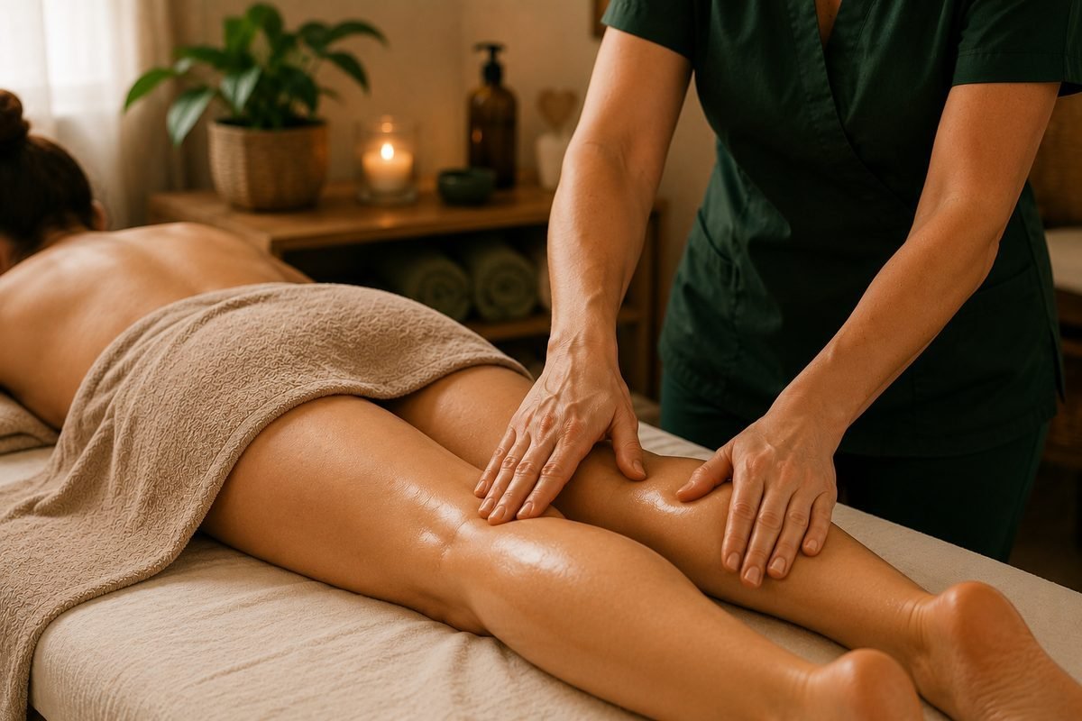Massagem ampla e contínua nas pernas, trabalhando a fáscia
