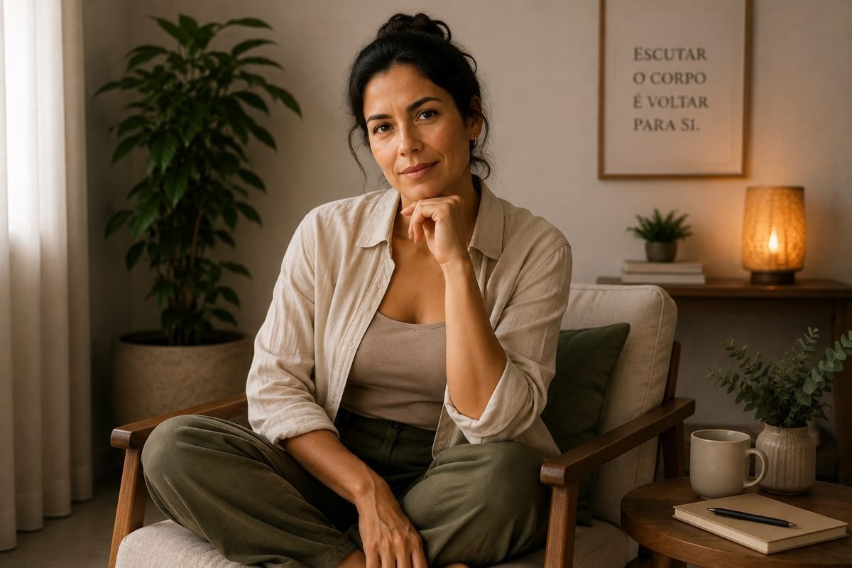 Mulher em ambiente tranquilo, atenta às próprias sensações corporais