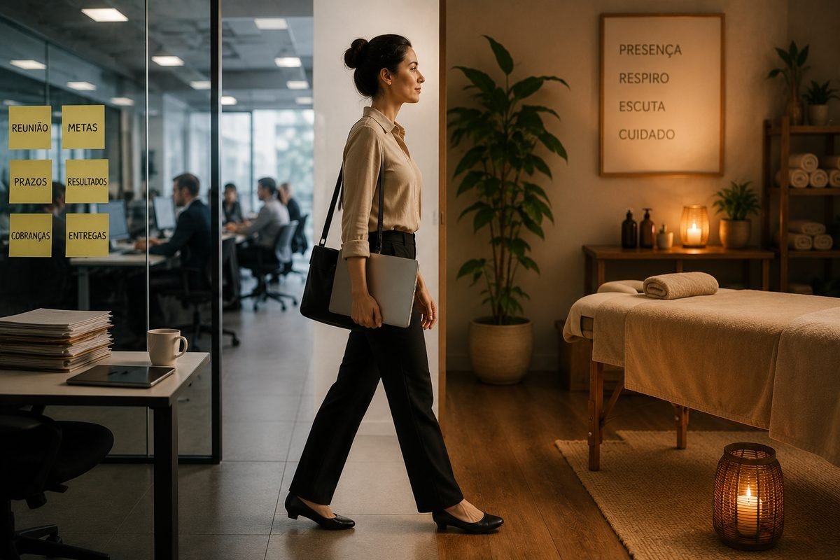 Transição do ambiente corporativo para a sala de atendimento em massoterapia