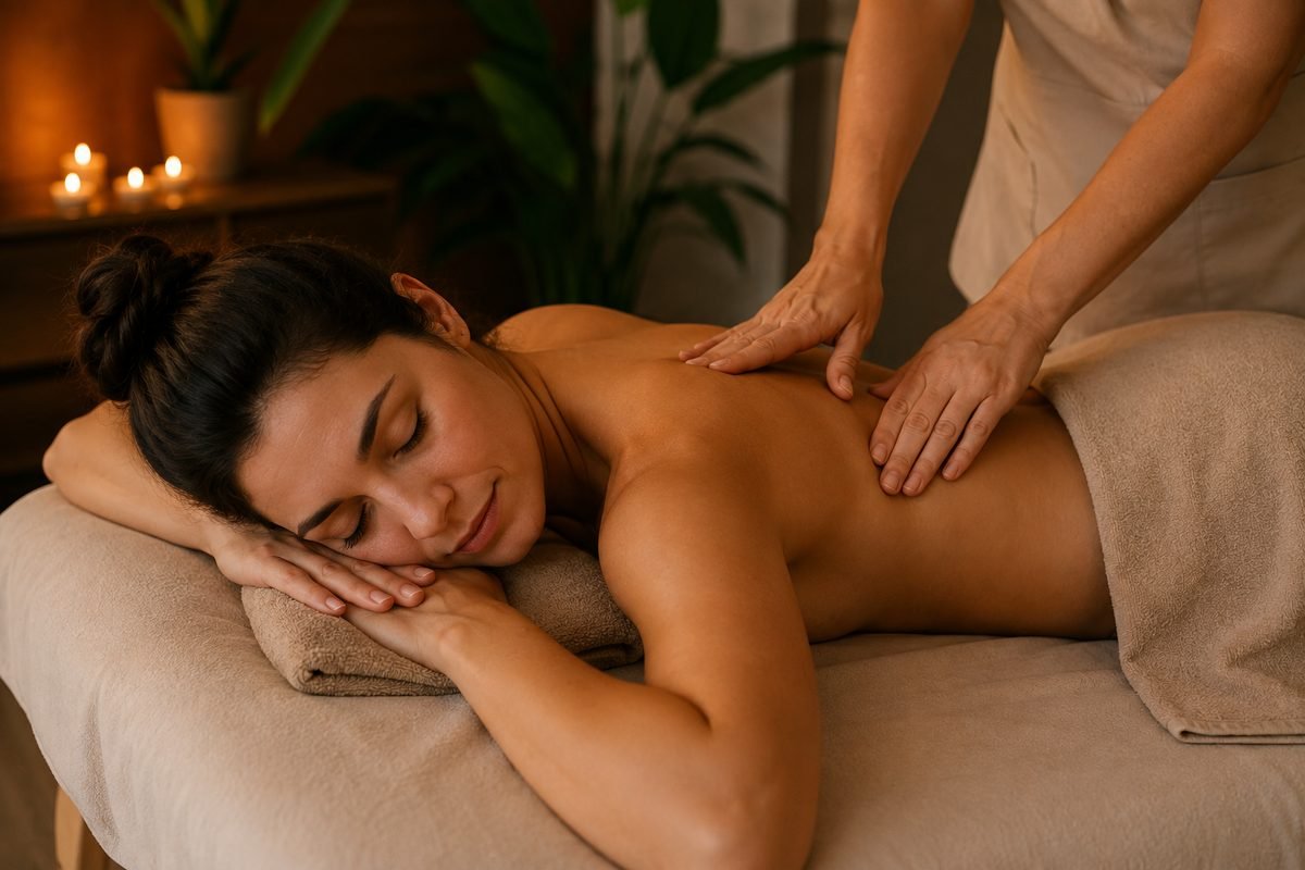 Massagem terapêutica nas costas para liberar tensão muscular
