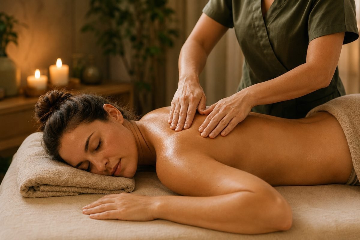 Massagem relaxante em ambiente com luz suave e velas